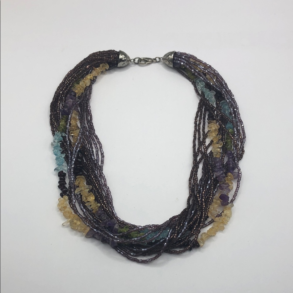 Chunky woven glass seed beads and colorful semi precious stones necklace boho.